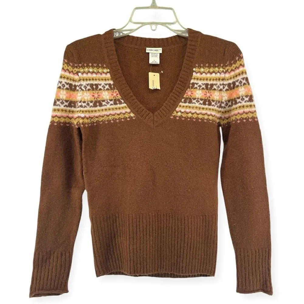 Cherokee Girl’s Brown Sequin Fair Isle V-Neck Pullover Sweater Large 8/10